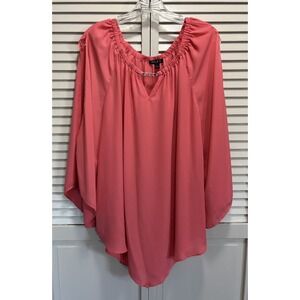 Sami & Jo Coral Blouse Chiffon Open Long Sleeve Sz‎ 1X Pleated Boho Flowy V Hem